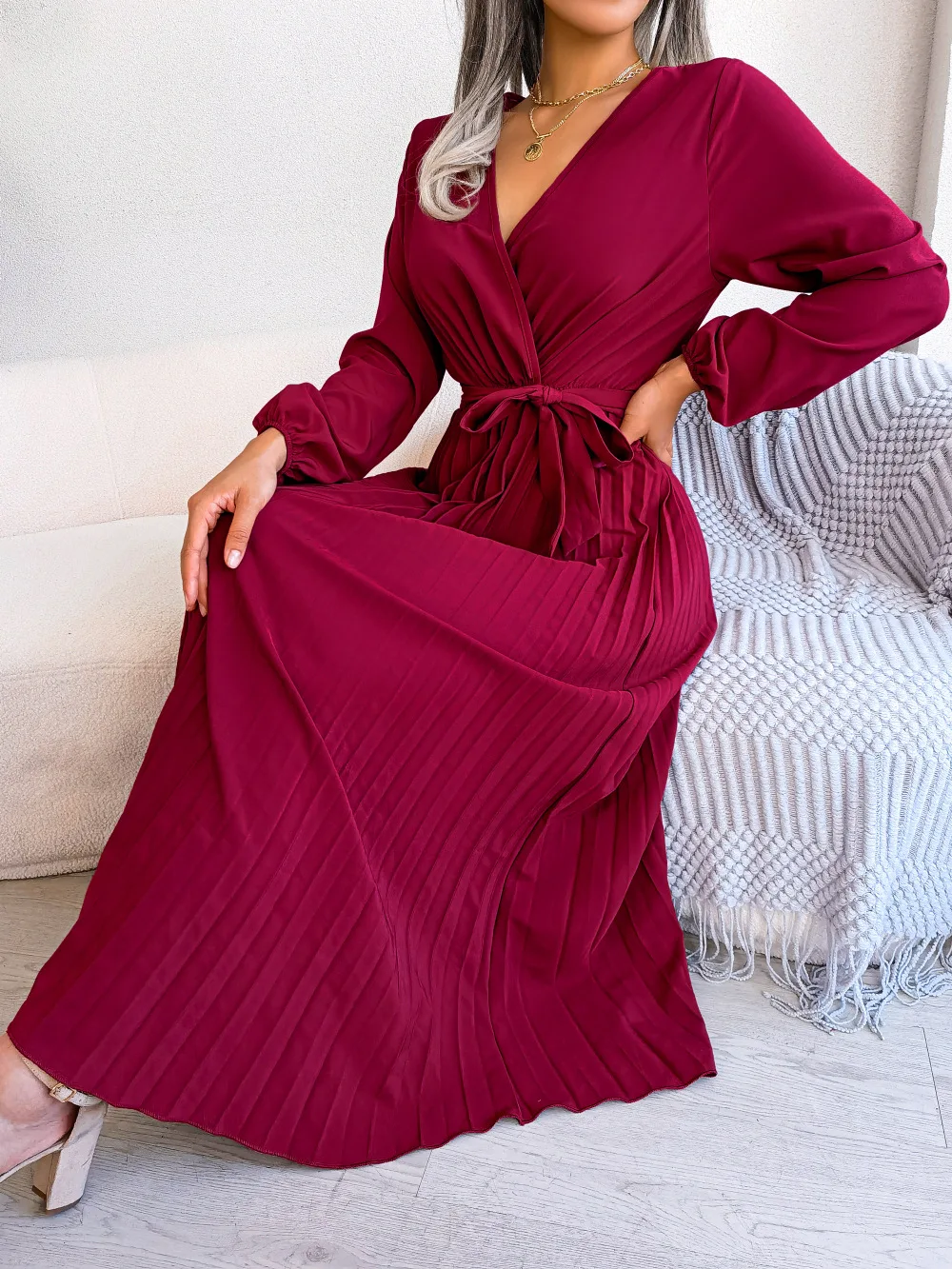 Ficusrong Women Spring Summer Cross Solid Color V Neck Large Hem Pleated Long Dress For Fashion