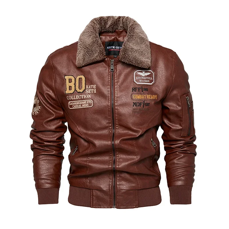 Men\'s Winter Leather Jacket Windproof Fashionable Motorcycle PU Jacket Coat Faux Leather Pockets Outwear Fleece Thick Warm Parka