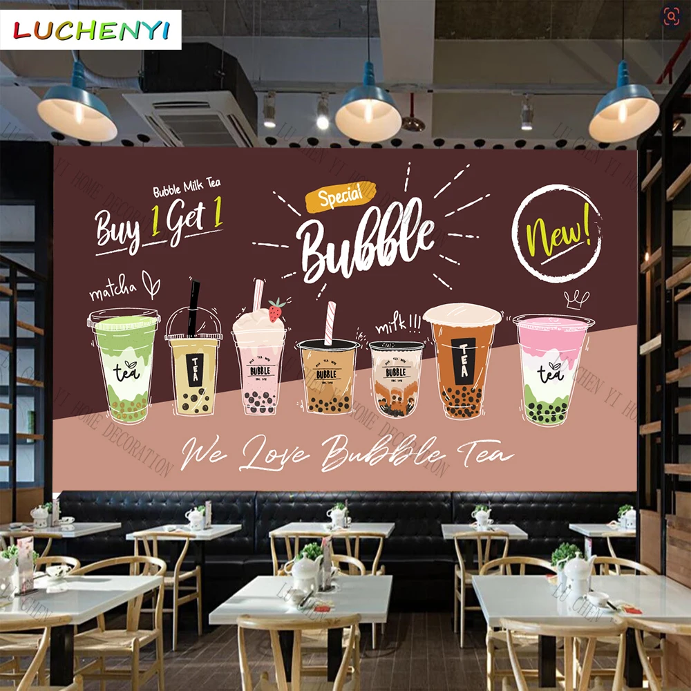 Custom cartoon bubble milk tea fruit 3d wallpaper mural restaurant juice shop kitchen dining room wall papers home decor sticker