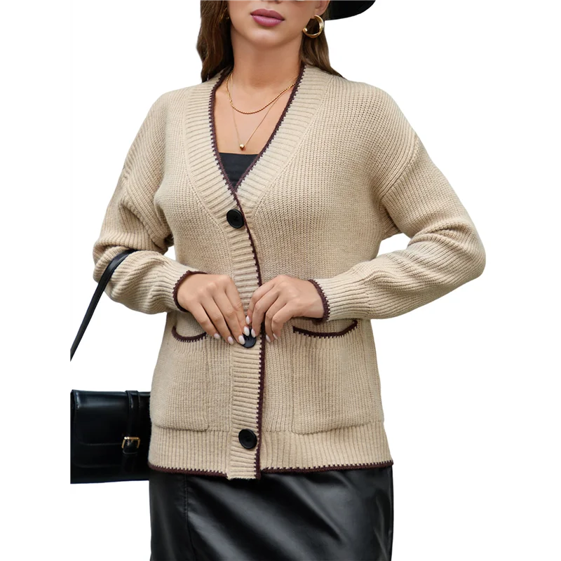 【HOT-SELLING!】Women's Color Block Long Sleeves Sweater Fall Button Down Casual Coatigan Soft Knit Coat With Pocket