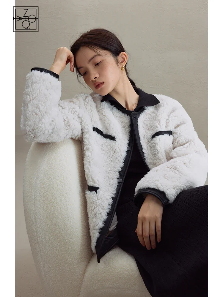 

ZIQIAO Women Winter Grained Fleece Jackets PU Leather Patchwork Design Female Round Neck Loose White Casual Commuter Short Coats