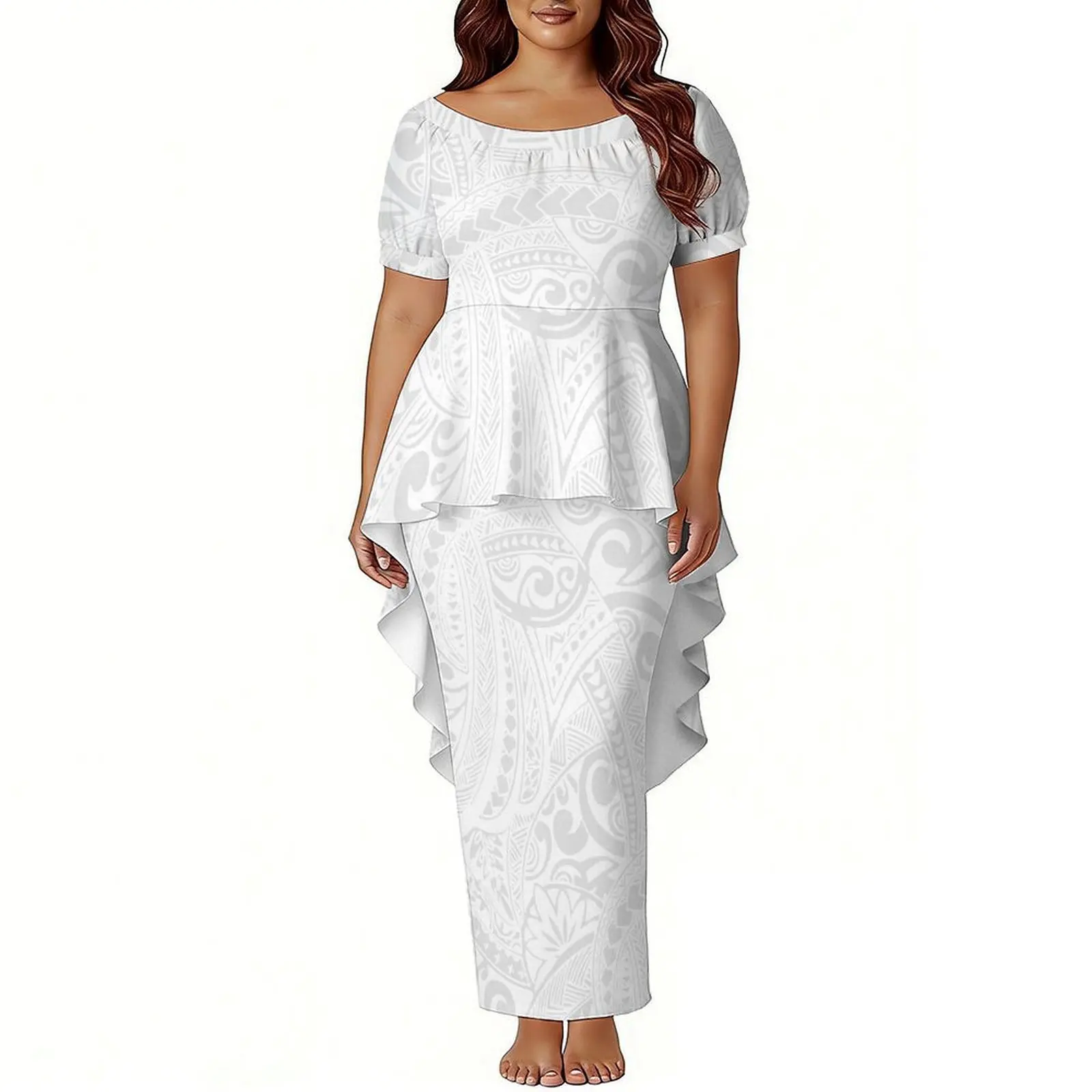 Polynesian Island Women'S Short-Sleeved Puletasi Dress In White For Sunday Samoa Party Mother'S Day Tailcoat-Style Long Dress