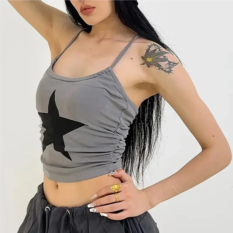 بلوزة أمريكية ريترو سبايسي جيرل ليتل ستار قصيرة بدون أكمام مجوفة للتنحيف