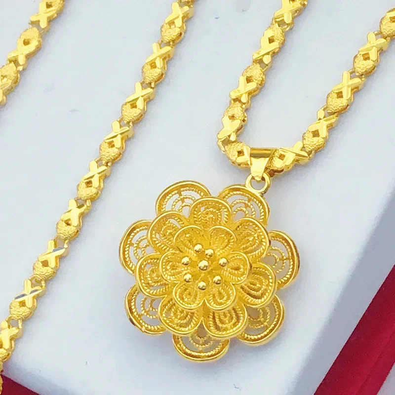 9999 Real Gold 24K Japanese and Korean Fashion Women's Gold Clover Big Flower Gold Women's Necklace