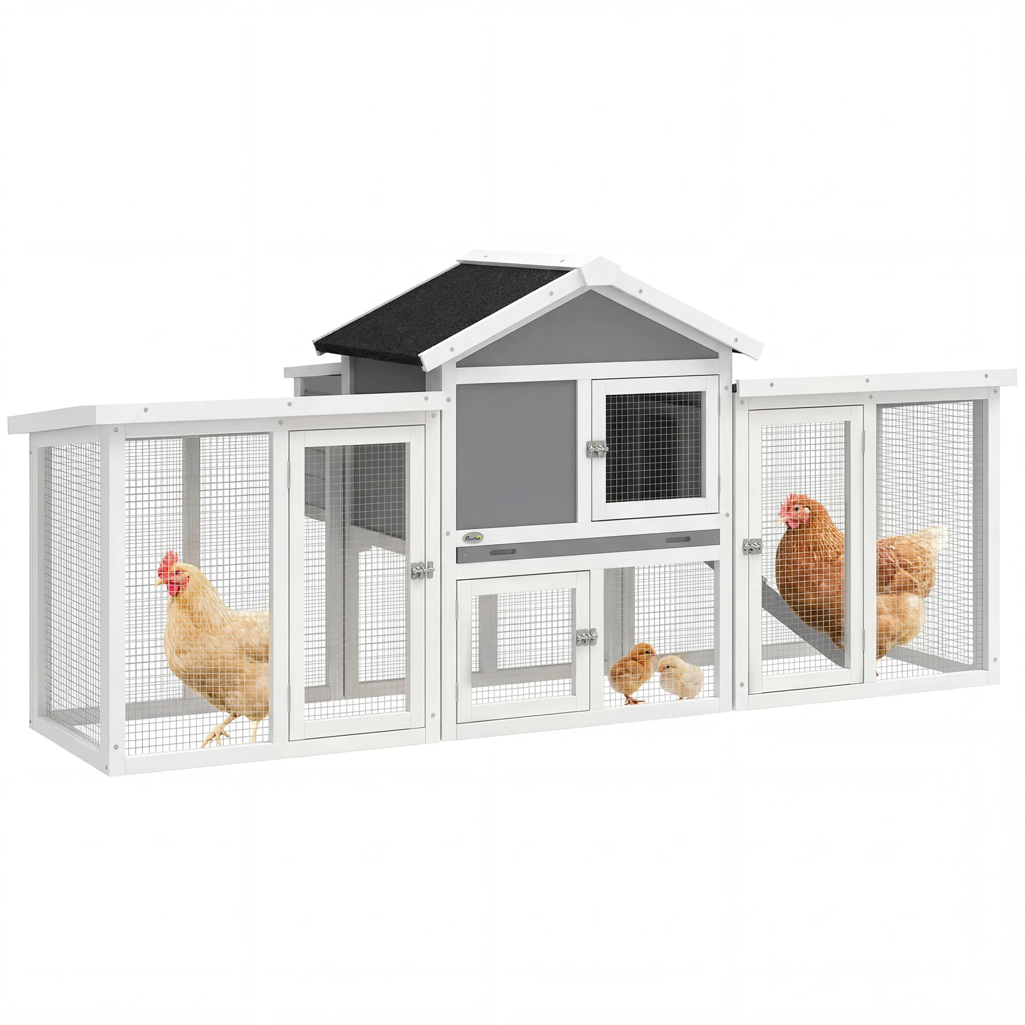 Pawhut Grote Houten Buitenkippenhok 204x85x93 cm met Legkast, Omheining, Verwijderbare Lade en Zitstok, Grijs