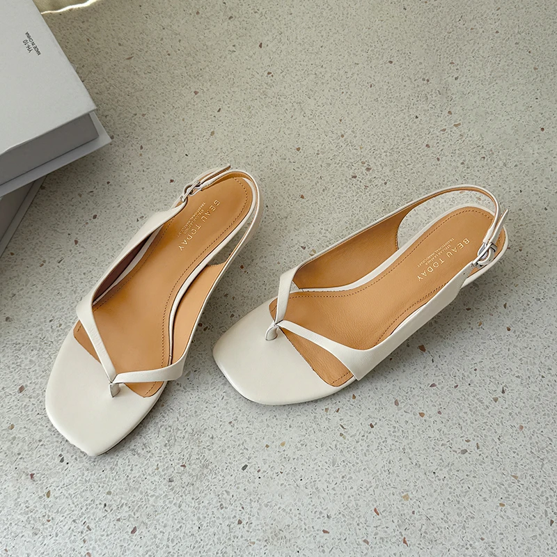 BEAUTODAY Casual Sandals Women Sheepskin Solid Color Square Toe Flip Flop Pumps Back Buckle Strap Ladies Shoes Handmade MS3D037 image 4