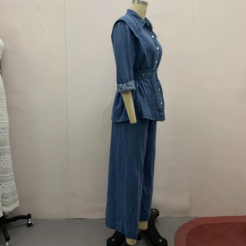 Women Two Piece Sets Turn Down Collar Jeans High Waist Belt Tops Wide Leg Long Pants Retro Fashion Denim Trousers Set 2025