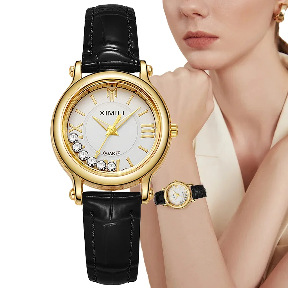 Elegant Women Floating Crystal Quartz Watch Gold Round Roman Dial Black PU Leather Strap Ladies Wristwatch