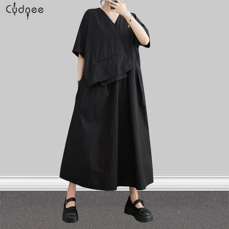 New V-Neck Patchwork Half Sleeves A-Line Long Dress False Two Pieces Asymmetrical Solid Color Summer Office Lady Casual Dress