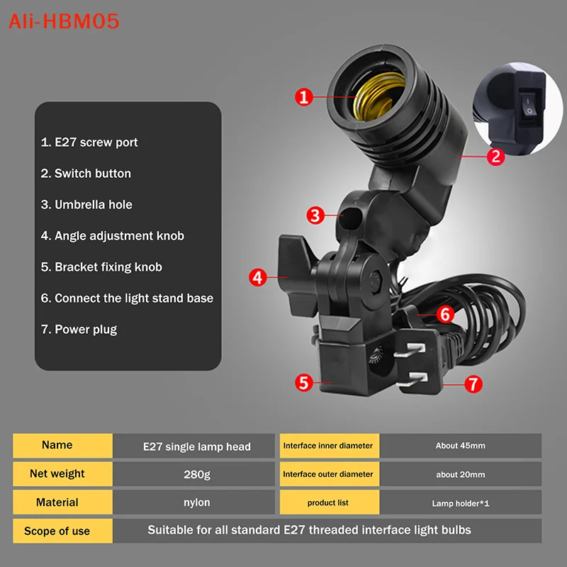 (HB05)E27 AC Socket Lamp Single Head Bulb Holder Photography Light Bulb Mount For Photo With 1.8M Cable Cord Light Bulb Stand