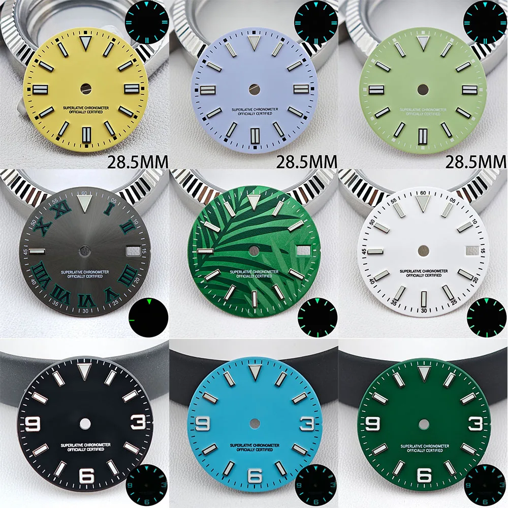 

New 28.5mm diameter single calendar watch dial with blue/green illuminated improved dial, suitable for NH35 movement accessories