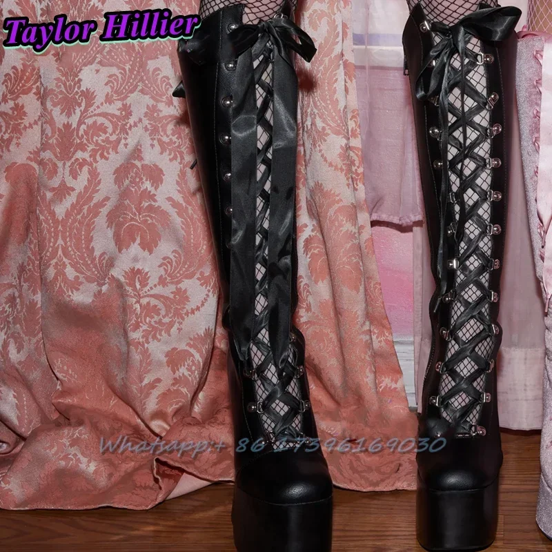 Pink Platform Boots Round Toe Ribbon Botas Cross Strap Lace Up Knee-High Chunky Heel High Quality Solid Bottes Hautes Plus Size