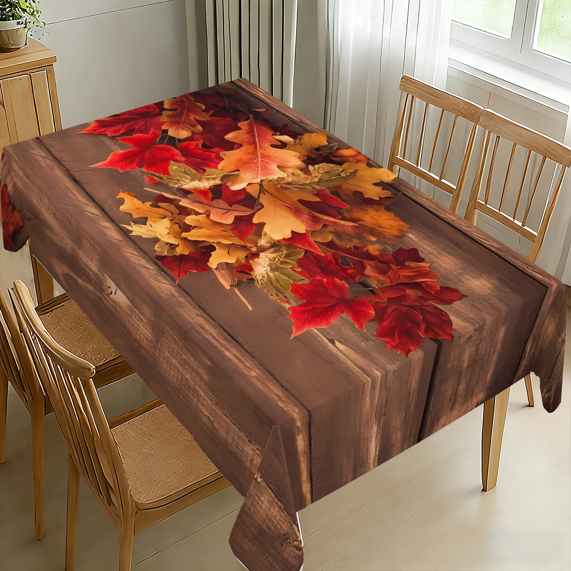 One Thanksgiving wood-grain maple leaf tablecloth. Retro forest style for autumn. Suitable for Thanksgiving dinner.xzj