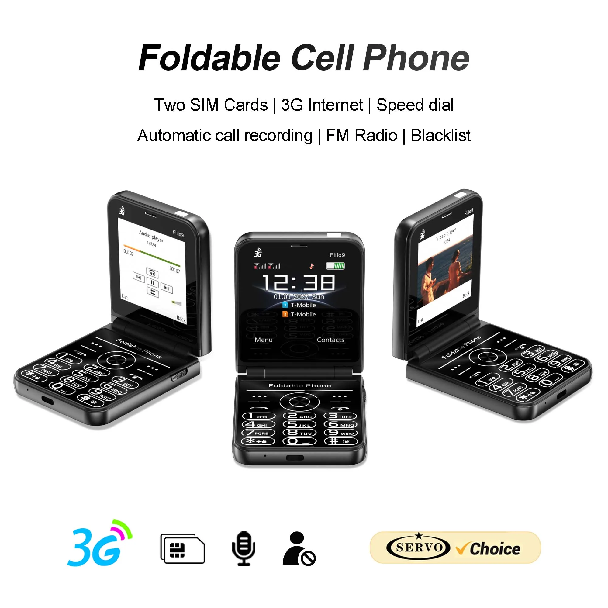 SERVO Pocket Flip Phone 3G WCDMA Unlocked Dual SIM Speed Dial FM Radio Audio Playback Backup Keypad Mobile Phone Blacklist Torch