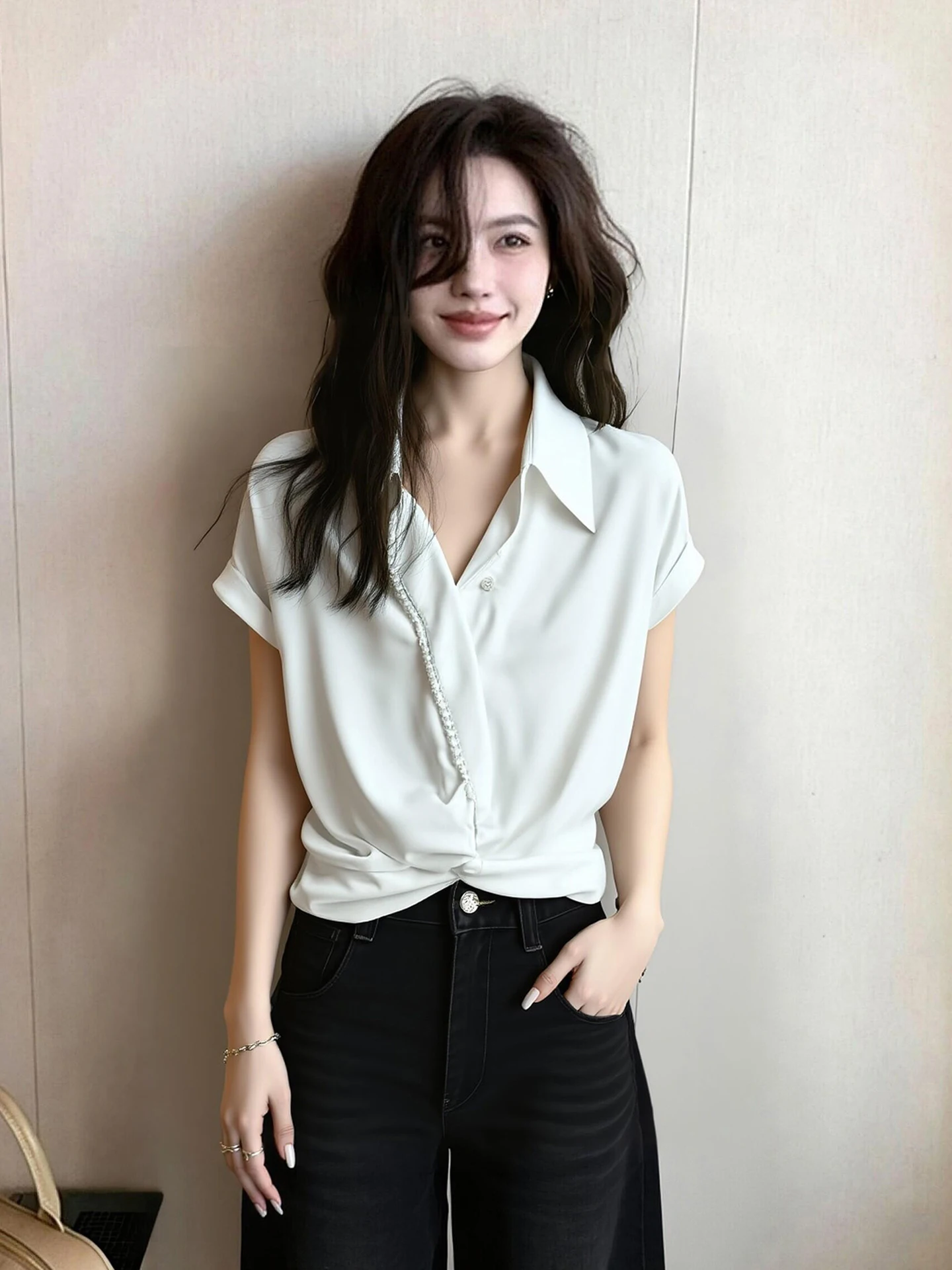 

Korean Style Waist-Cinching Knot Design Collared Versatile Short-Sleeve Commute Shirt Women's Fashionable Casual Top