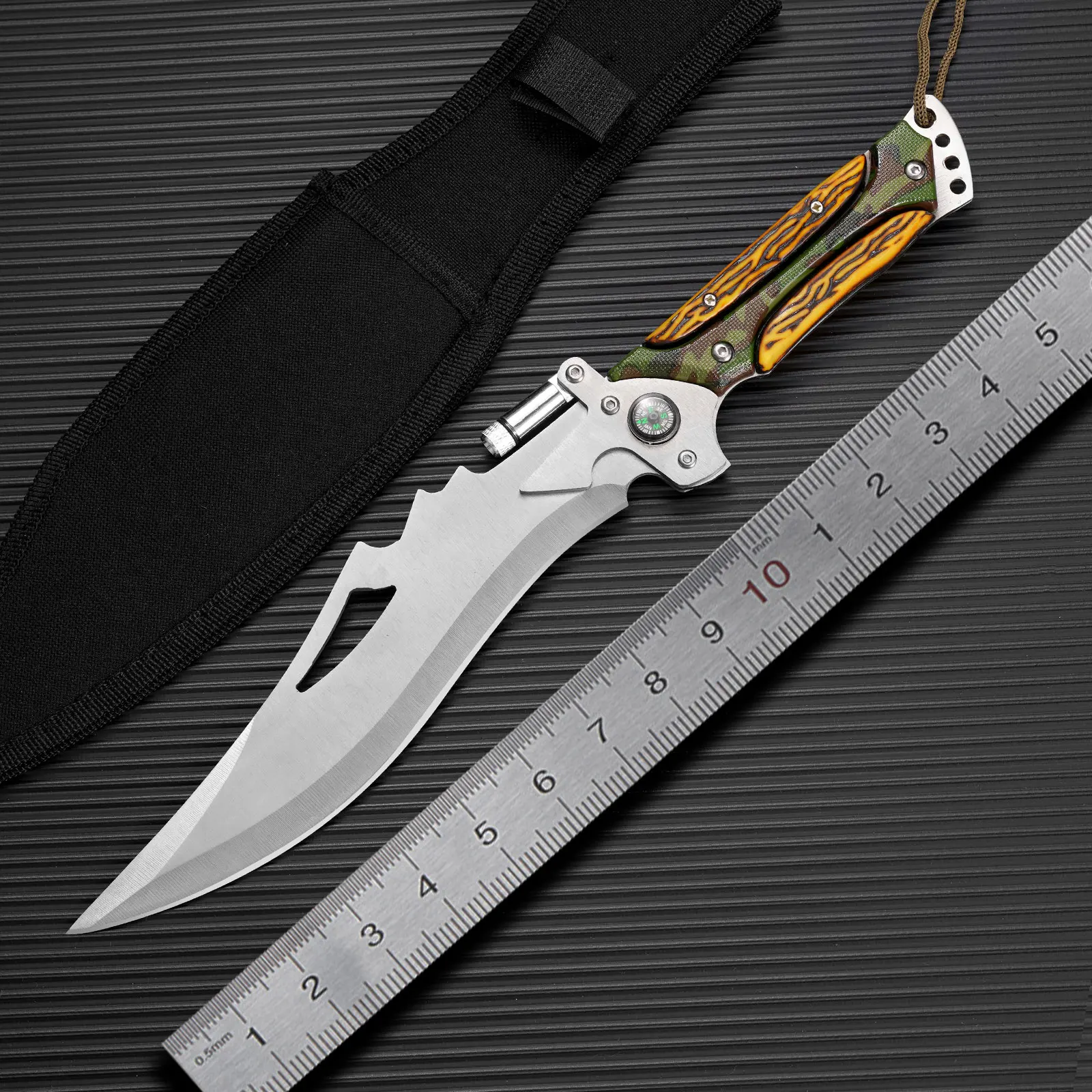 Outdoor camping straight knife, with a small flashlight, multi-functional mountaineering knife, survival knife, hunting knife