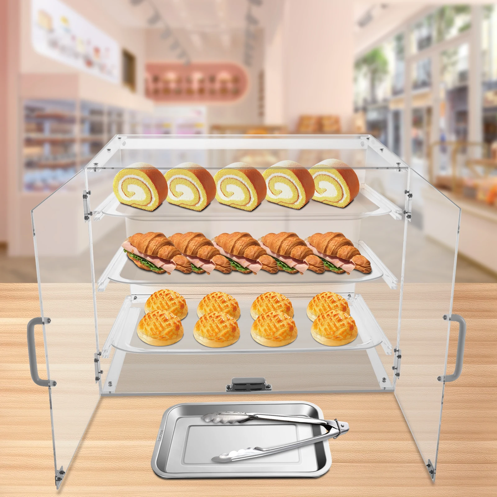 

3 Tiers Clear Pastry Display Canbinet&Commercial Bakery with Removed Tray Acrylic Display Case New 21.26x17.32x16.53 in
