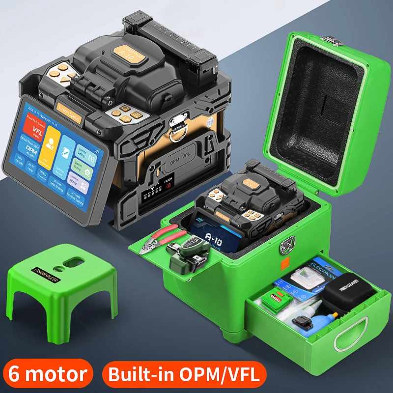 A-10 Six Motors Fully Automatic Fiber Fusion Splicer 10 Languages Touch Screen Fiber Optic Hot Melt Machine Built-in VFL OPM