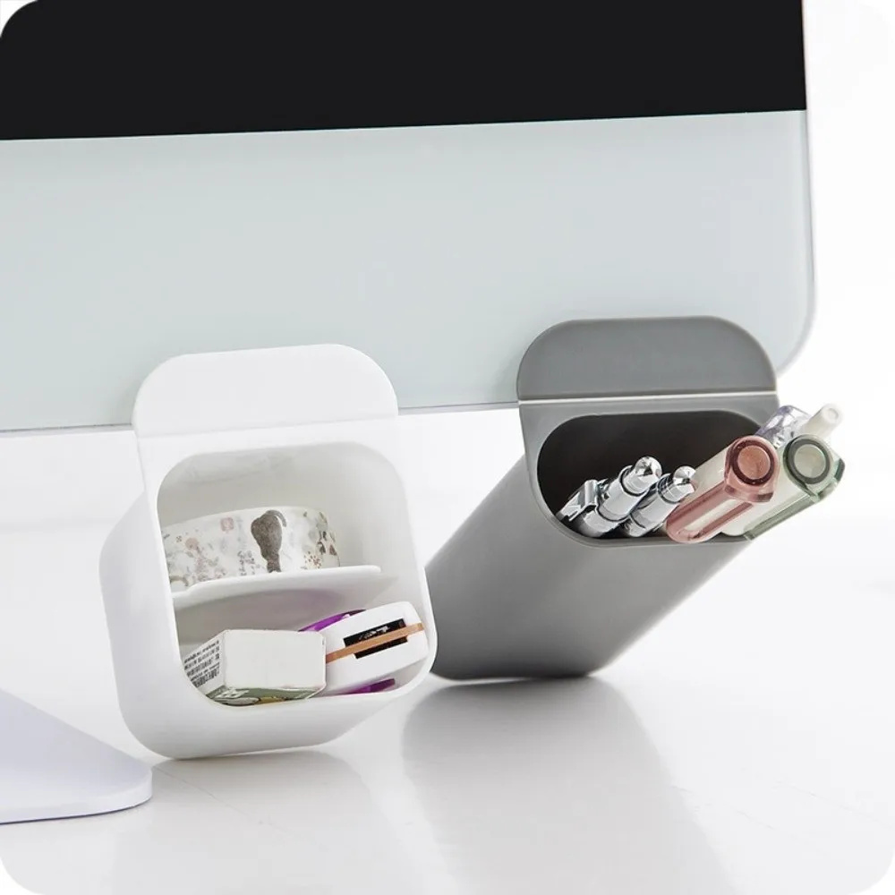 Multifunctional PC Screen Pen Holder Clip-on Plastic Desk Pen Holders Rounded Edges Strong Adhesive Wall Mounted Storage Box