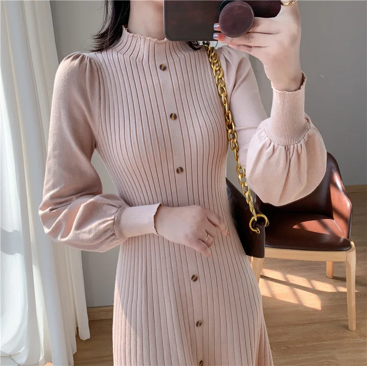 Knitted Dress For Women Elegant Turtleneck Long Lantern Sleeve Single Breasted Loose Vestidos Fashion 2024 Office Lady Knit Robe