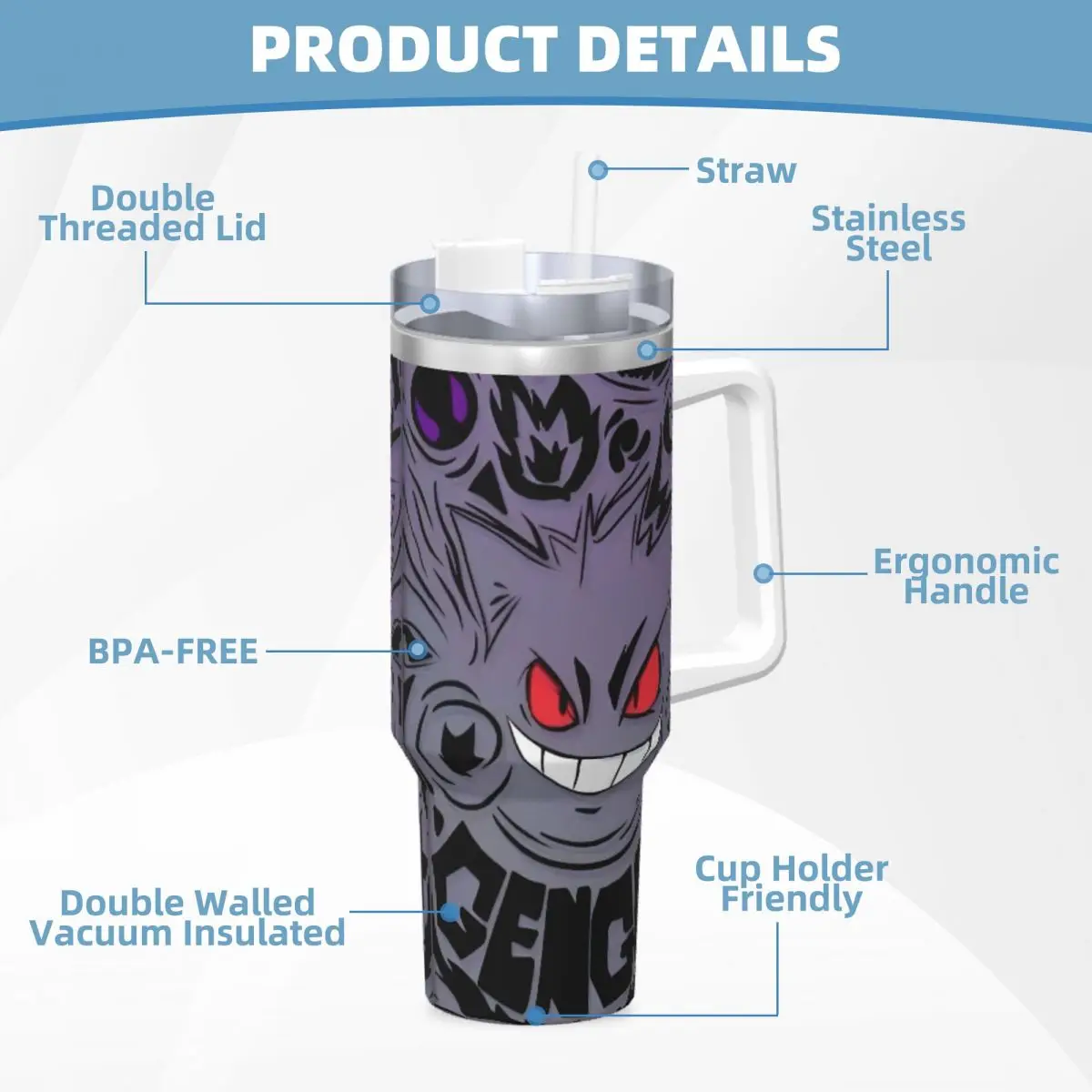 Gobelet en acier inoxydable Pokemon Gengar Anime, jeu populaire, tasse thermique de plage, pailles et couvercle, tasses de voiture, bouteille d'eau froide, 40oz