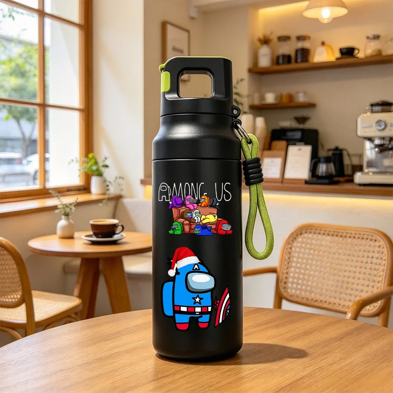 Among Us 580ml Dual-Drink Water Bottle, Portable Sport Cup with Carry Strap, Leak-Proof, Christmas Gift for Game Fans