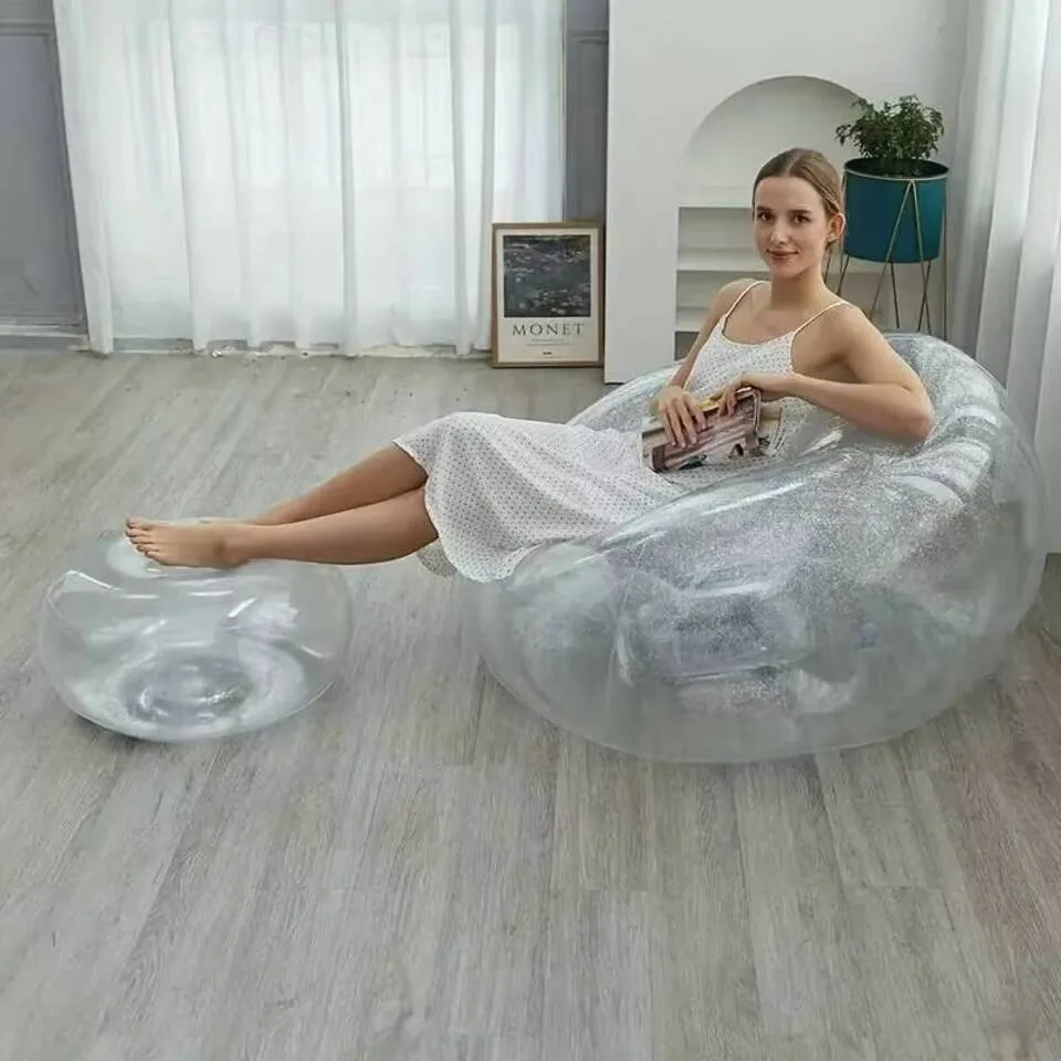 Inflatable Leisure Sofa Chair and Footstool Outdoor Folding Lounger Sofa Transparent Lazy Couch
