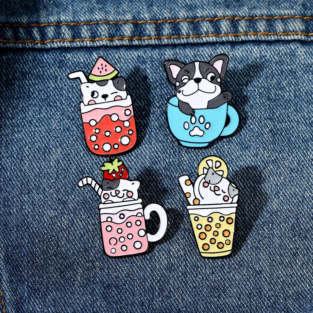 Cute Cup Cat Dog Drinking Theme Brooches Funny Watermelon Strawberry Orange Juice Kitten Puppy Combo Design Enamel Pins