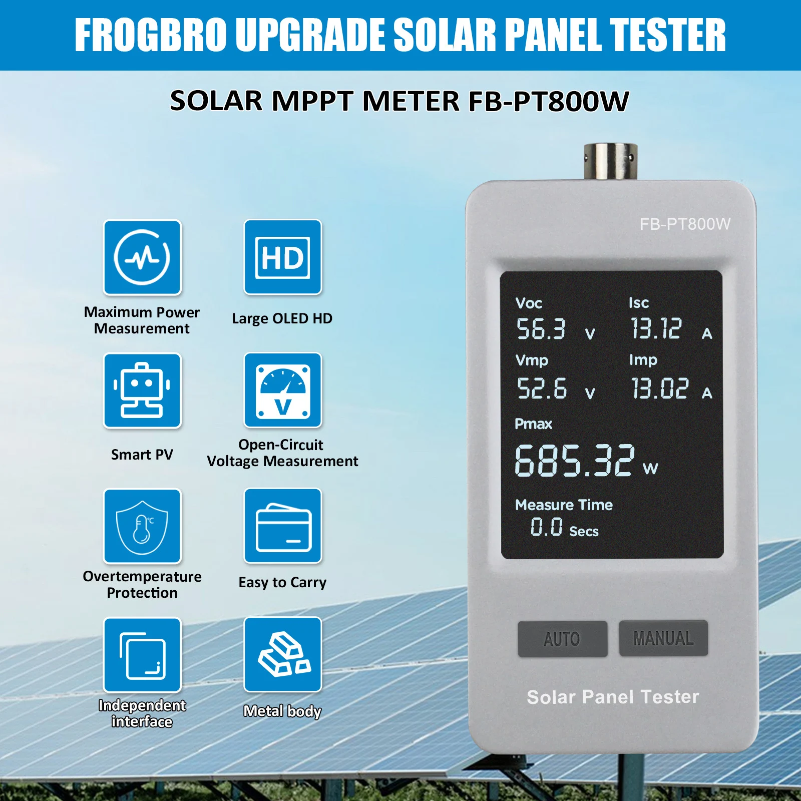 

PMA1800/PMA800 тестер солнечных панелей MPPT-фотоэлектрический мультиметр 5-1800 Вт измеритель мощности 20-120 В OLED-дисплей для тестирования фотоэлектрических систем