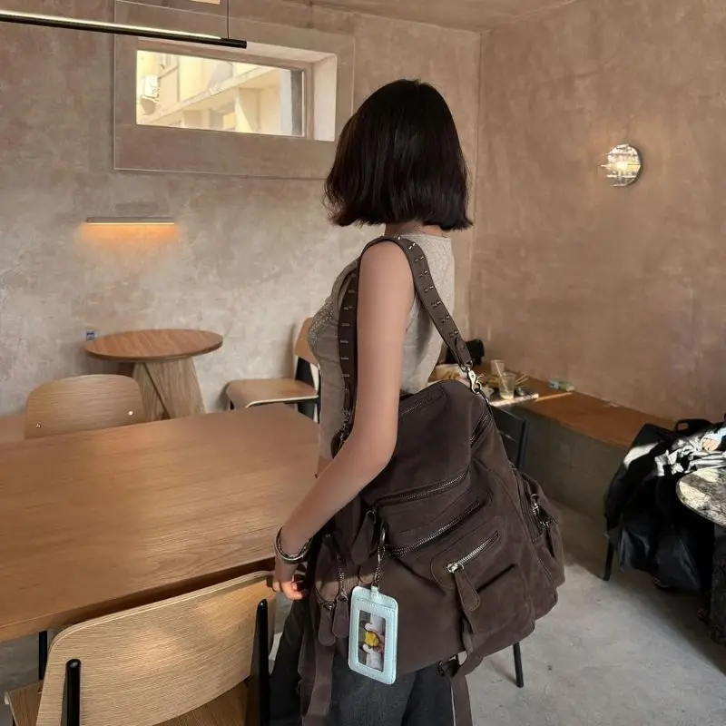 Maillard Multi-pocket Zipper Rivet Locomotive Backpack 2026 New American Spice Girl Bag High-end Fashion Bag Large Capacity Bags