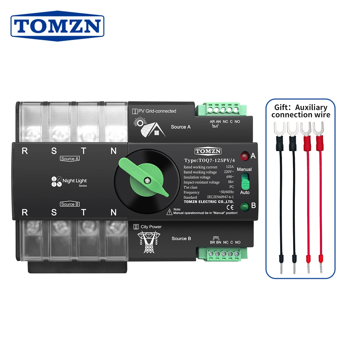 

TOMZN Din Rail 3 phase ATS 4P 63A 100A 125A 230V Dual Power Automatic Transfer Electrical Selector Switch Uninterrupted TOQ7
