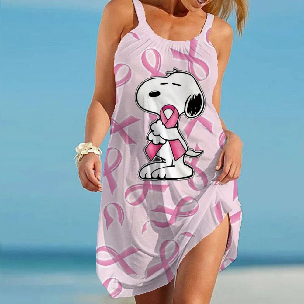 Estate 2024 Snoopy stampato abito da spiaggia bianco moda abito bohémien estate 2024 abito elegante con cinturino da donna