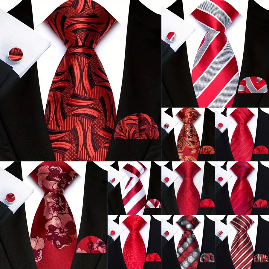 Rot gestreifte Paisley Solid Floral Hochzeit 8CM Krawatte für Männer Design Herren Krawatte Einstecktuch Manschettenknopf Set für den täglichen Gebrauch Business Party
