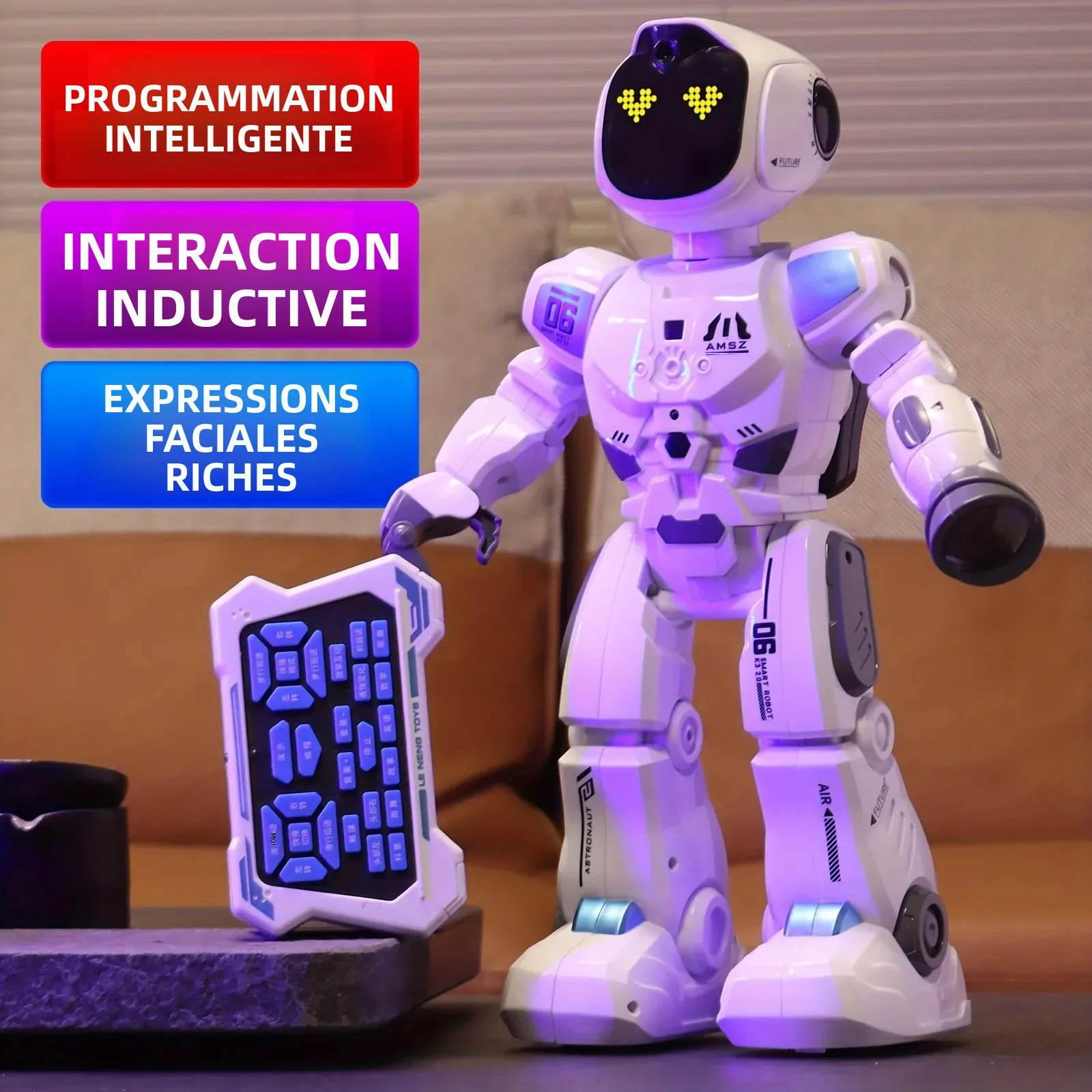 Grand robot interactif programmable avec détection de geste émotionnel intelligente, capteur tactile et yeux LED expressifs – Cadeau idéal pour enfants