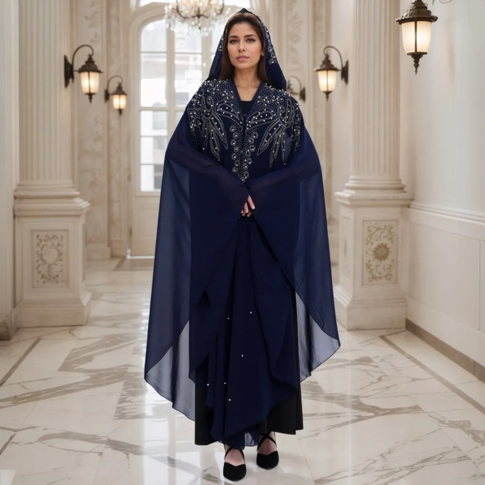 Heißer Verkauf Hot Diamond Bead Robe Muslim Schal mit Kapuze Cape Kleid Fledermausärmel