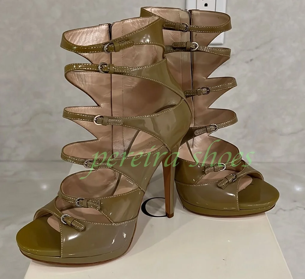 Lady Metallic Pu Brown Open Toe Ankle Boots Hollow Design Sexy Summer Dresss Buckle Strap Sandals Mirror Pu Stiletto Heel Runway