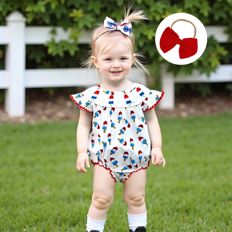 

Baby Clothing Girl 4th of July Romper Popsicle Print Flying Sleeve Round Neck Jumpsuit with Bow Headband