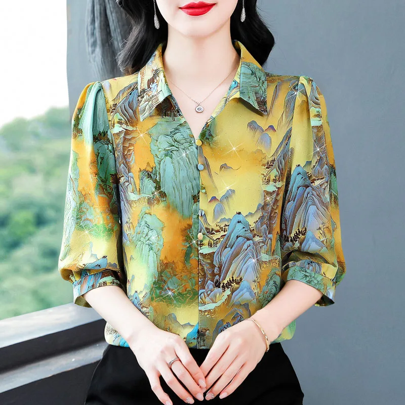 

Vintage Printed Shirt 3/4 Sleeve Women Tops 2025 Spring Summer Turndown Collar Office Lady Pullovers Blouse