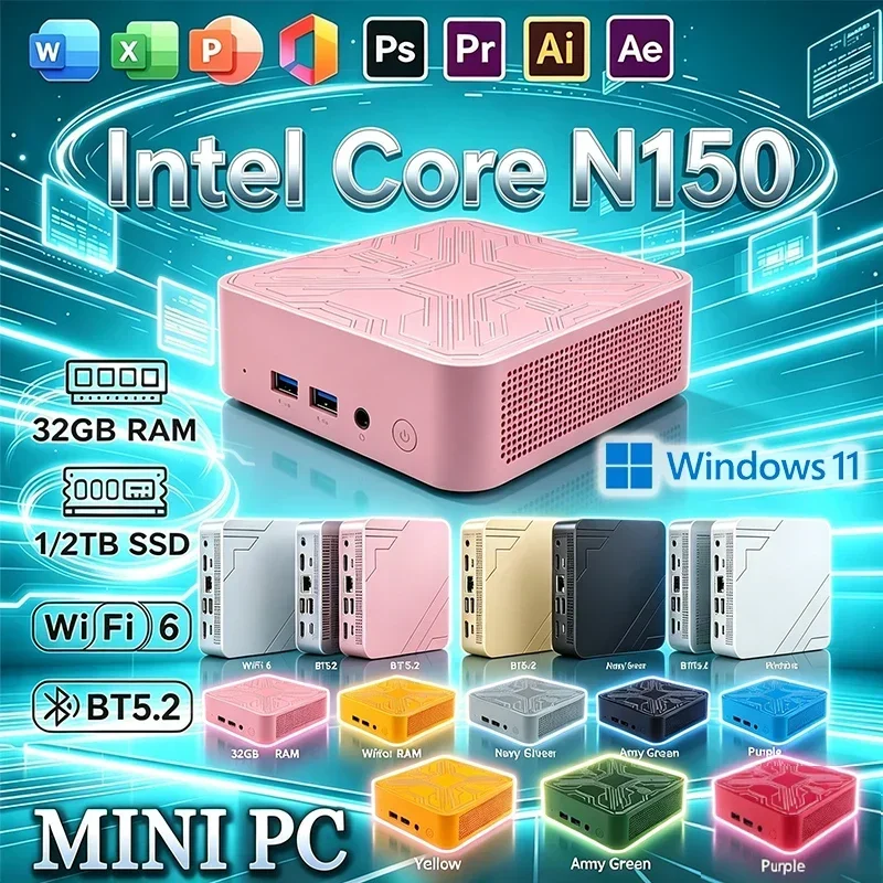 New Intel Core N150 Mini PC Dual LAN Windows 11 Pro 16GB RAM 1TB 2TB M.2 SSD WIFI6 BT5.2 4K HD Gaming Server HTPC Study