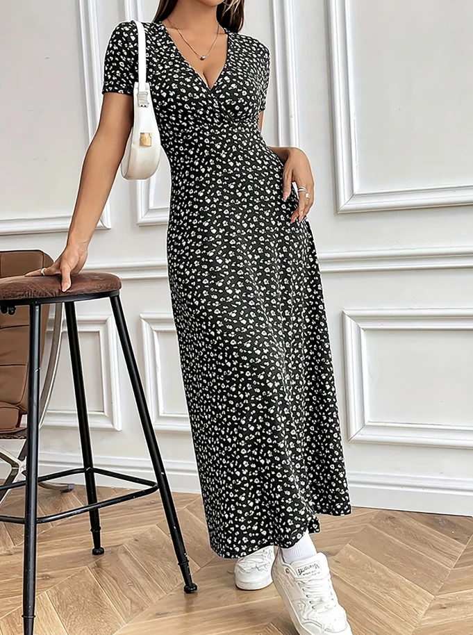 Sommer wenig frisch modisch Blumen V-Ausschnitt mittellanges Kleid Temperament pendeln Frauen lässig elegant täglich Kleid ﻿ ﻿