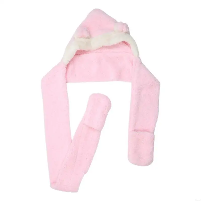 

C63C 3 In 1 Bowknot Bear Ears Animal Kids Scarf Mitten Gloves with Pocket Earflap
