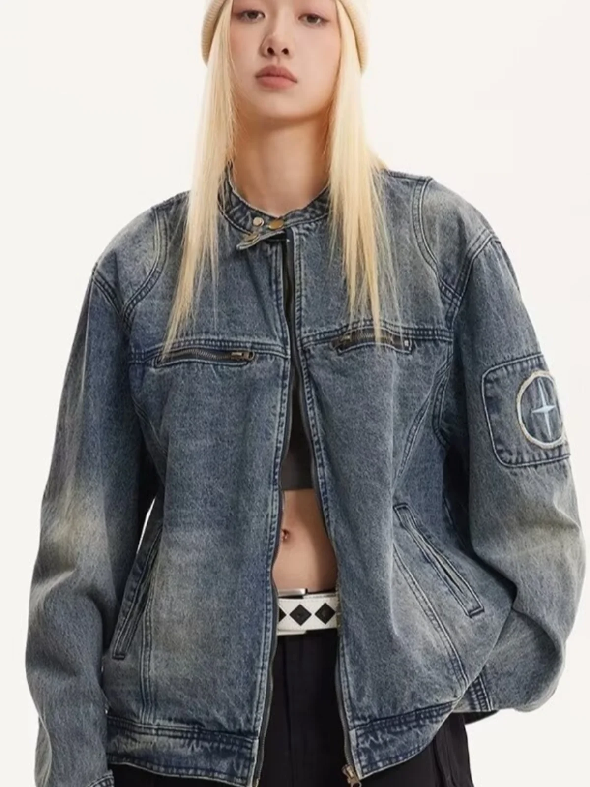 

Джинсовый тюнер в стиле ретро с американской талией и воротником на молнии, модная брендовая верхняя одежда, весенне-осенний свободный мотоциклетный топ для женщин