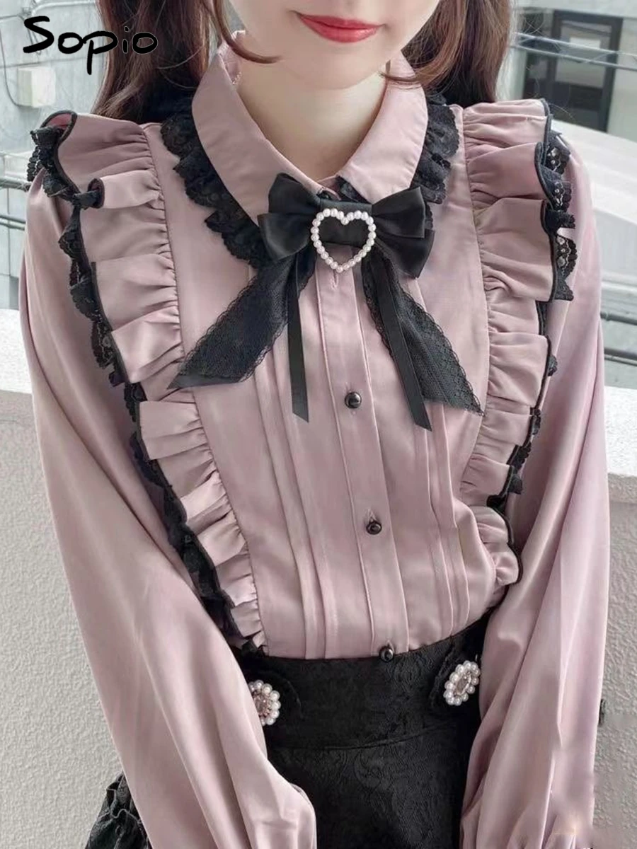 

Блузка Jirai Kei Sweet Lolita для женщин, весенняя, с воротником-стойкой, розовая, с кружевом, оборками, бантом и пряжкой в виде сердца, в японском стиле кавайи, милая рубашка