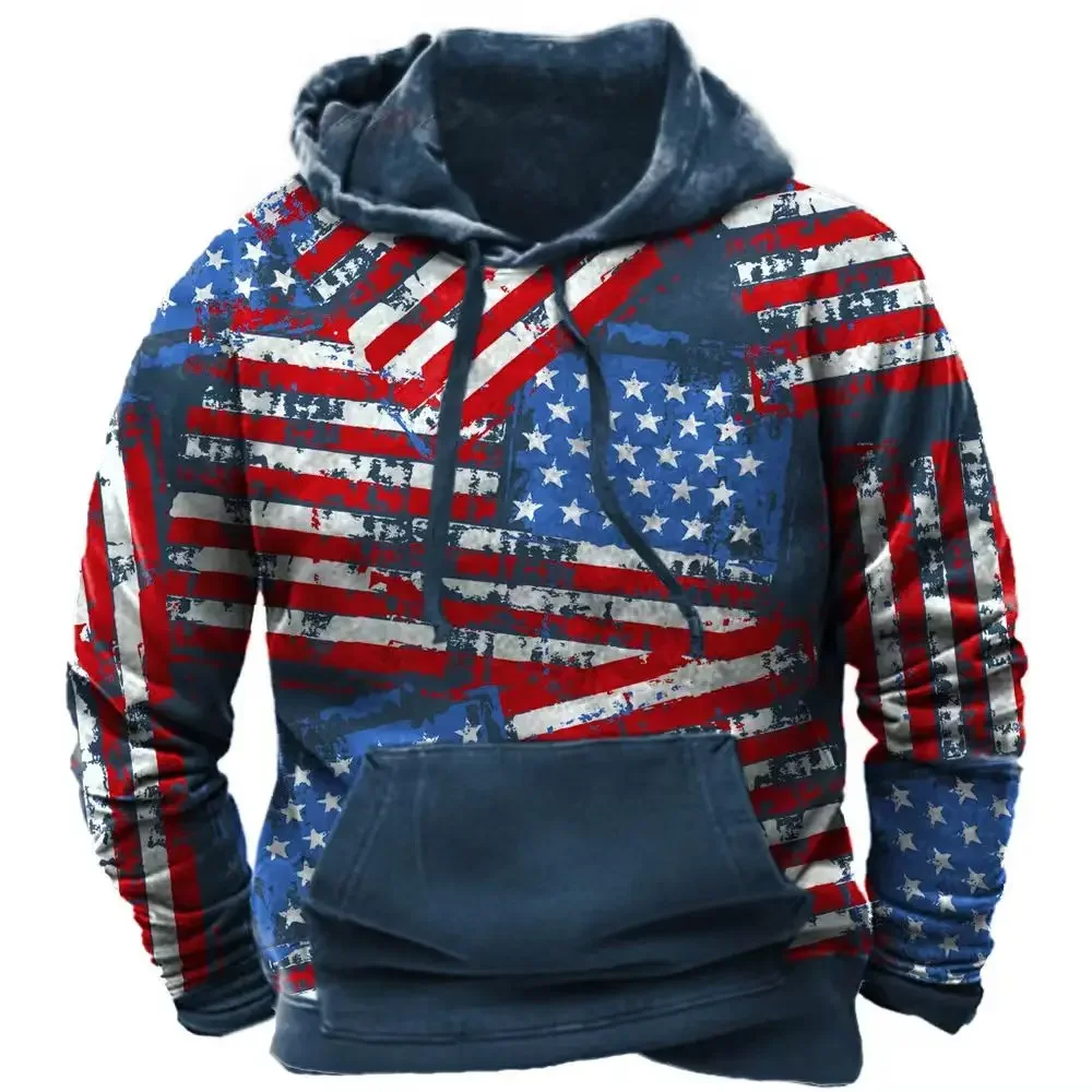 2024 American Flag Graphics Retro 3D Men's Hoodie Sweatshirt Street Hoodie Oversized Clothes Pullover Casual Hooded Jacket