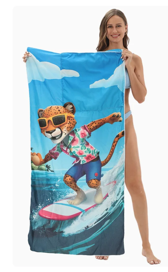 Newest Cartoon Surfing Leopard Floral Shirt Sunglass Print Quick Dry Beach Towel Kids Swimming Towel Quick Dry Towel