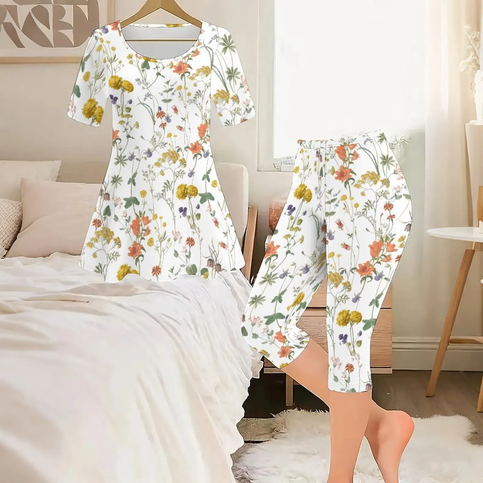2pcs Vintage Print Two Piece Set Ladies Casual Short Sleeved Elegance Tops Everyday Street Jogging Pants