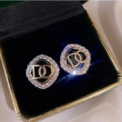 New Popular 14K Real Gold Plated Round Letter Earrings for Women Girl AAA Zircon Jewelry S925 Silver Needle Stud Party Fine Gift