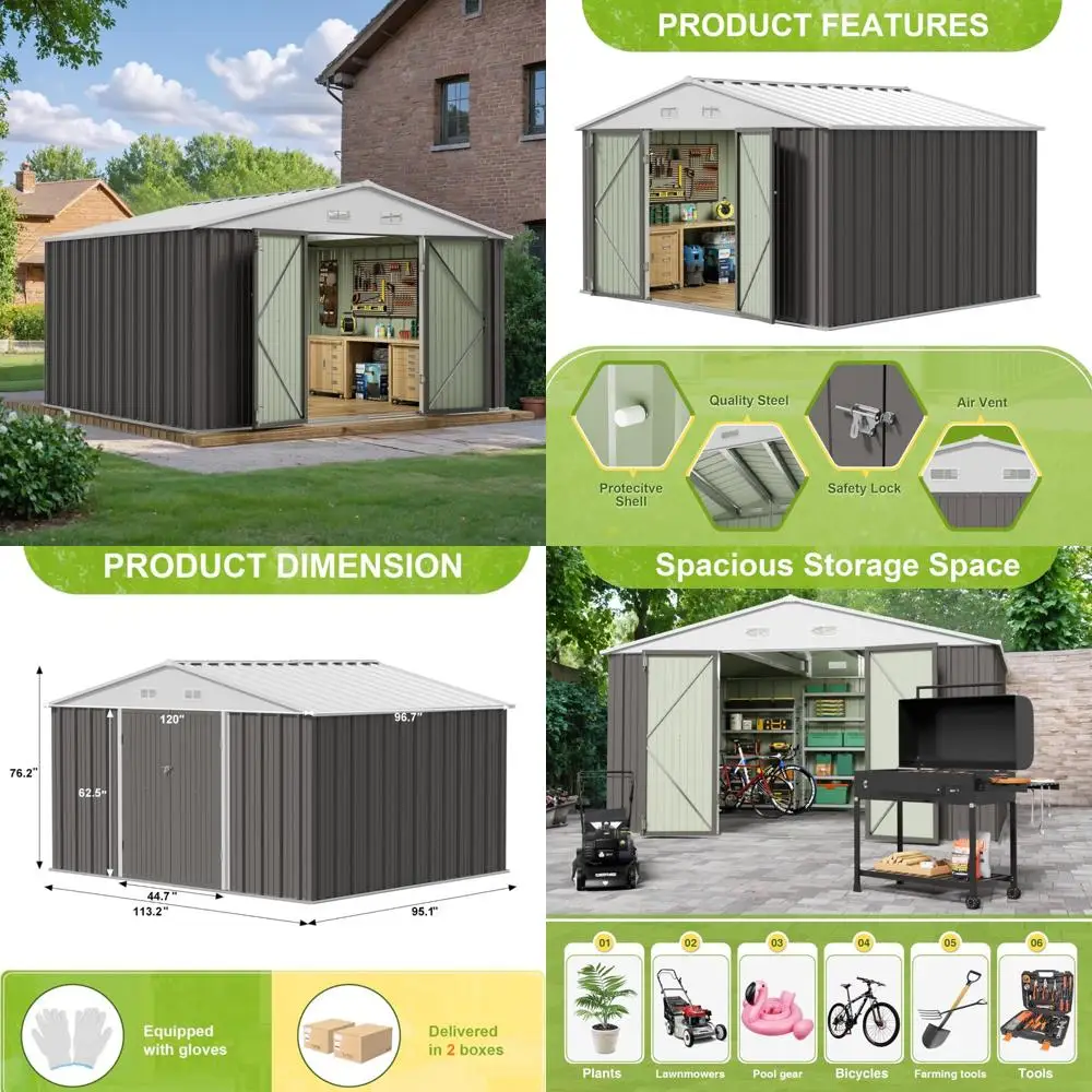 

Большой навес для хранения на открытом воздухе — металлический садовый навес для газона на заднем дворе, 8 x 10 футов, серый