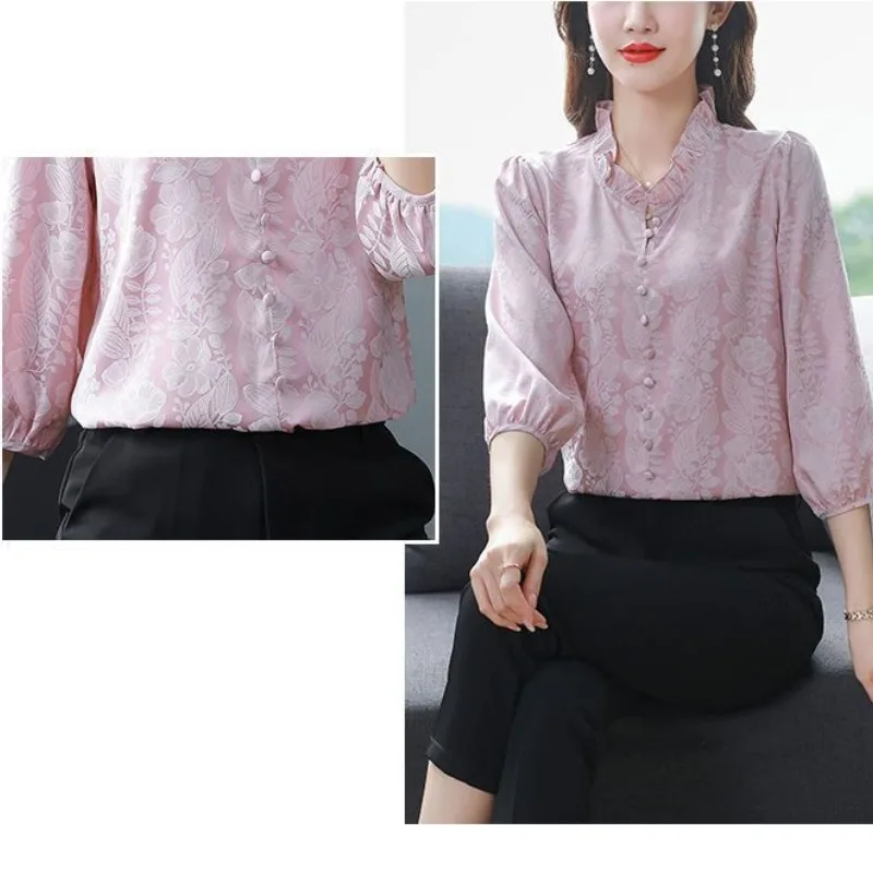 Women\'s Chiffon Ruffled Neck Printing Pullover Button Lantern Long Sleeve Patchwork Undershirt T-shirt Spring Summer Tops