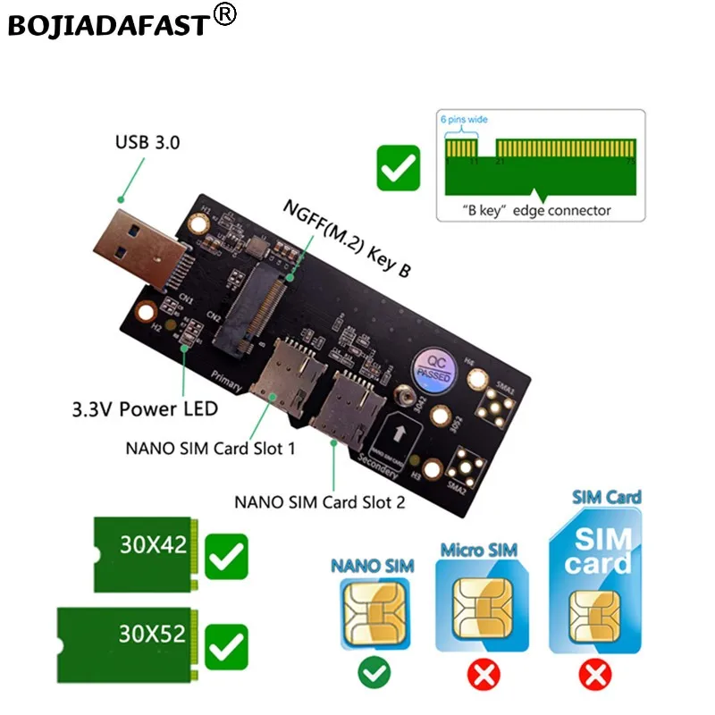 USB 3.0 Connector To NGFF M.2 Key-B Wireless Adapter With 2 NANO SIM Card Holder For 5G 4G LTE WWAN Module Modem